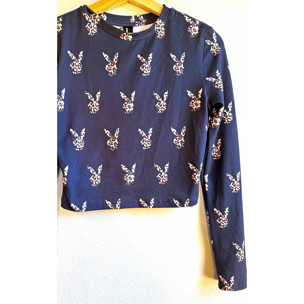 Missguided Women's Cropped Long Sleeve Crew Neck Blue Bunny Logo Top XS